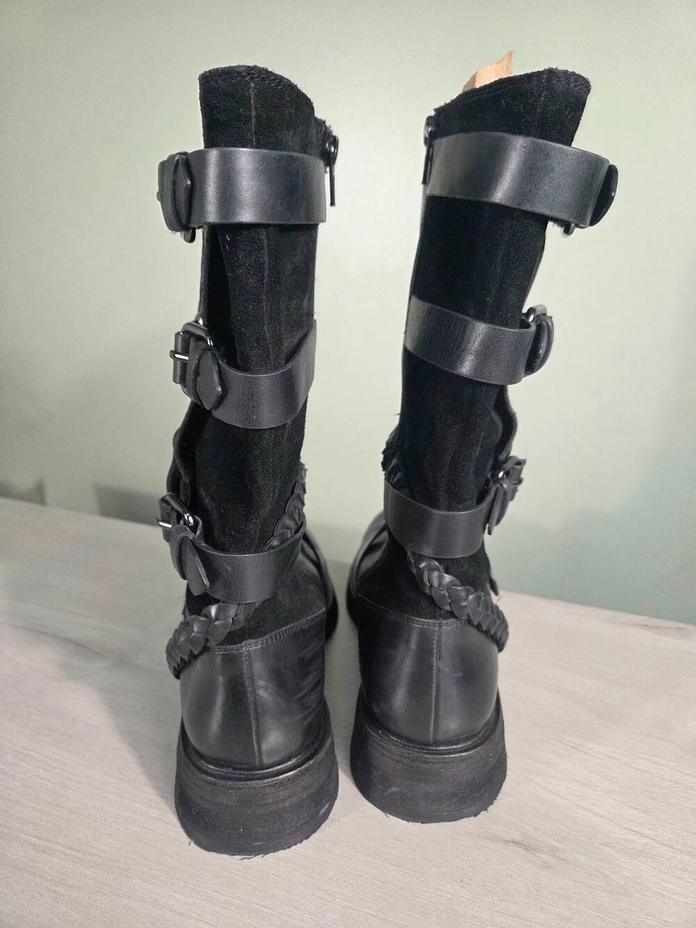Free People Billie Buckle Leather Suede Mid-Calf Moto Boots Black Sz. 9 - Picture 6 of 13